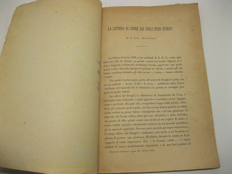 La lettera di Leone XIII sugli studi storici e l'On. Bonghi. Estr. da Rassegna Italiana ottobre 1883.